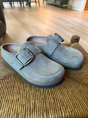White Mountain Taupe Suede Buckle Clogs